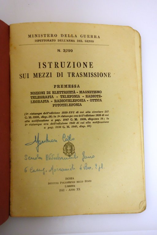 MINISTERO GUERRA GENIO ISTRUZIONE MEZZI TRASMISSIONE TELEGRAFIA MAGNETISMO 1942