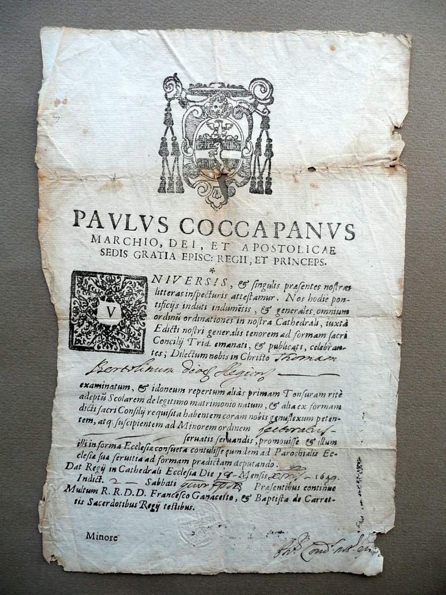 Modulo Tonsura Ordini Minori Paulus Coccapanus Vescovo 1649 Religione | Immagine principale