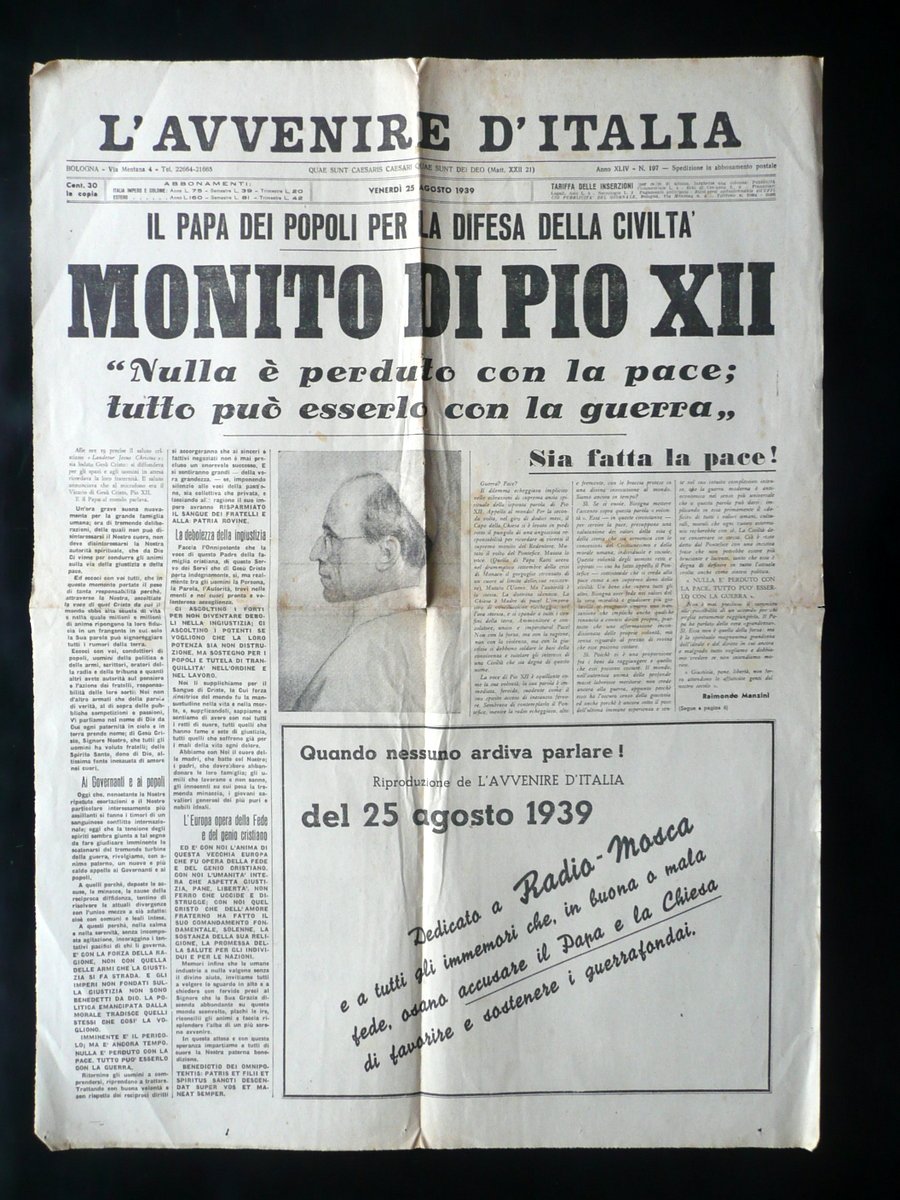 Monito Papa Pio XII L'Avvenire d'Italia 1939 Fac Simile Locandina …