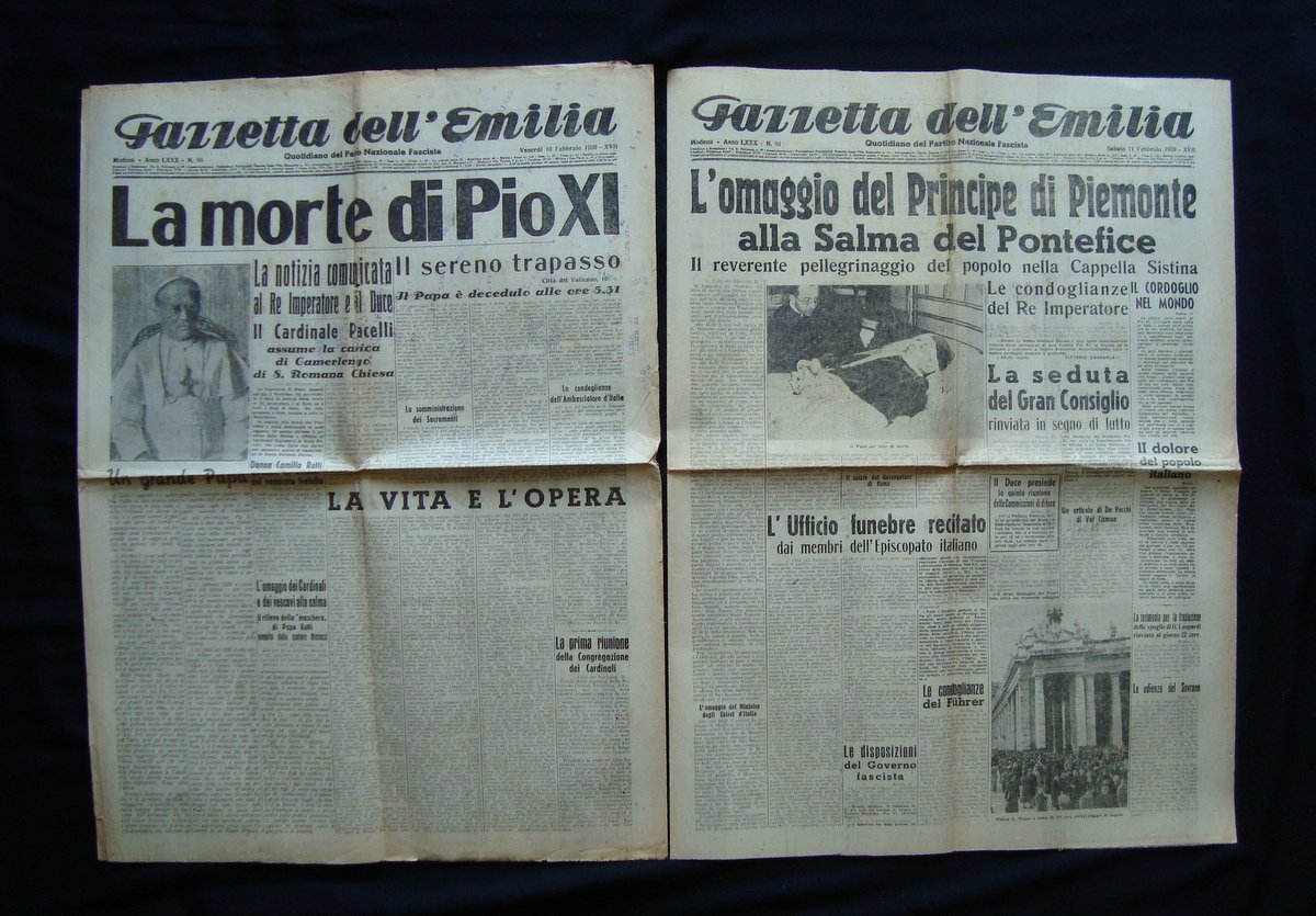 Morte di Pio XI due numeri Gazzetta dell' Emilia 90 …