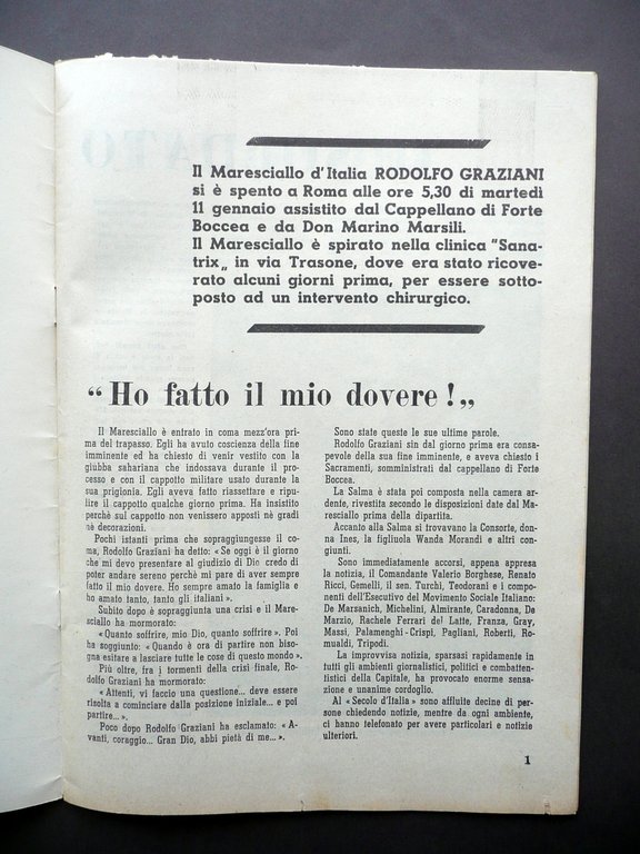 Morte Graziani Addio, Maresciallo! Supplemento al Secolo d'Italia N. 44 …