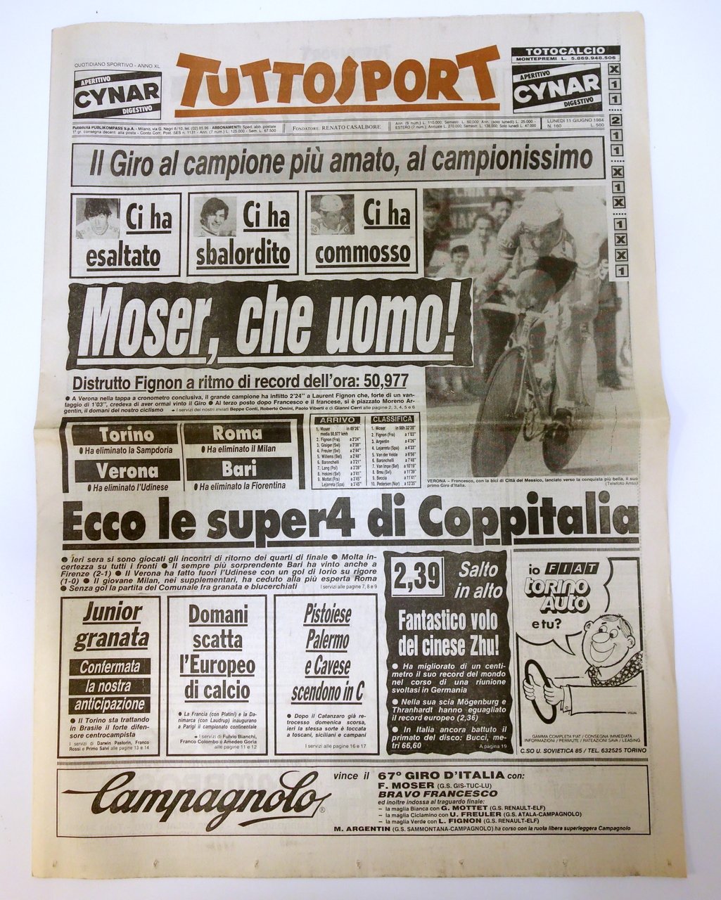MOSER, CHE UOMO! VITTORIA GIRO D'ITALIA TUTTOSPORT 11/6/1984 COMPLETO