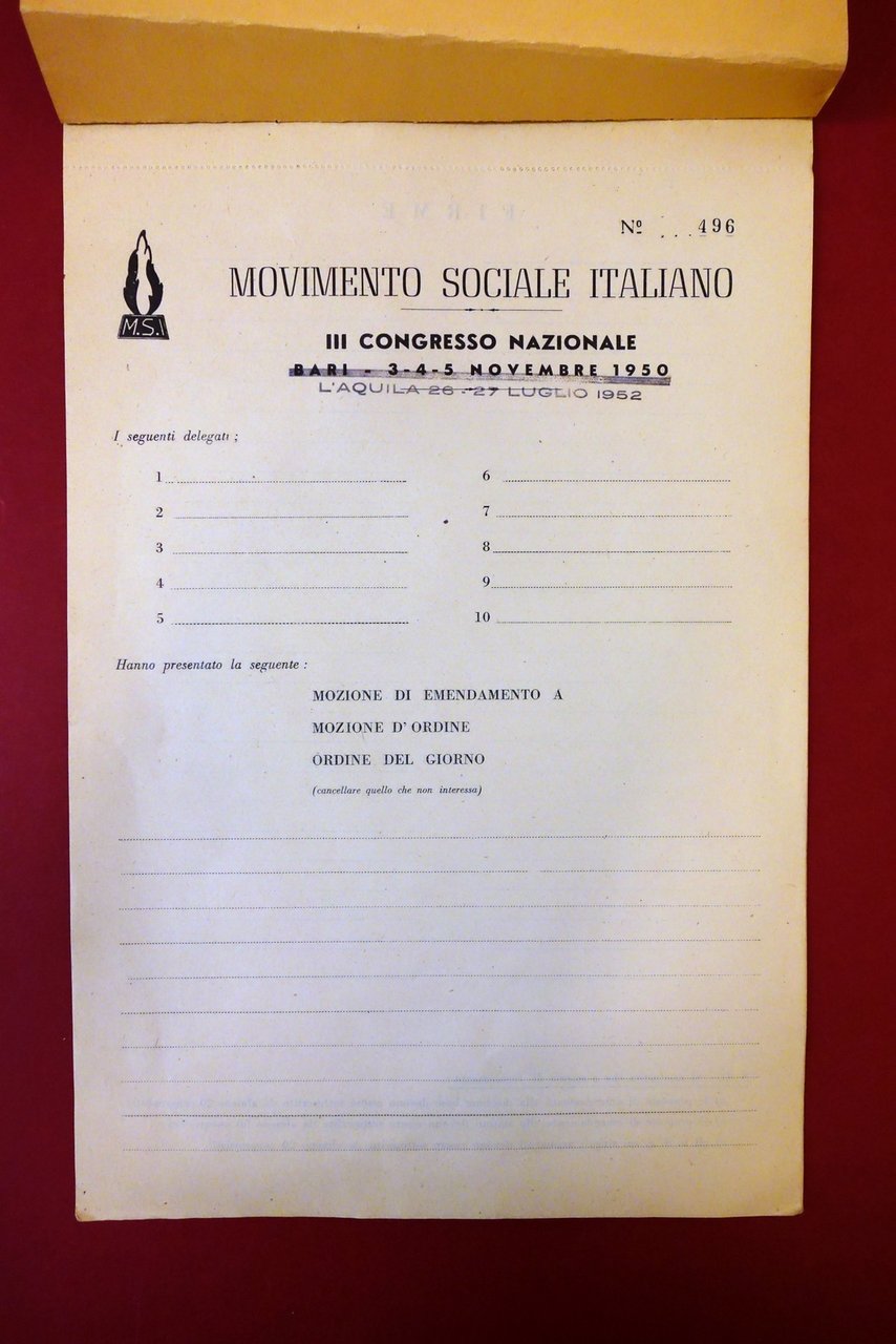 Movimento Sociale Italiano MSI 7 Moduli III Congresso Nazionale L'Aquila …