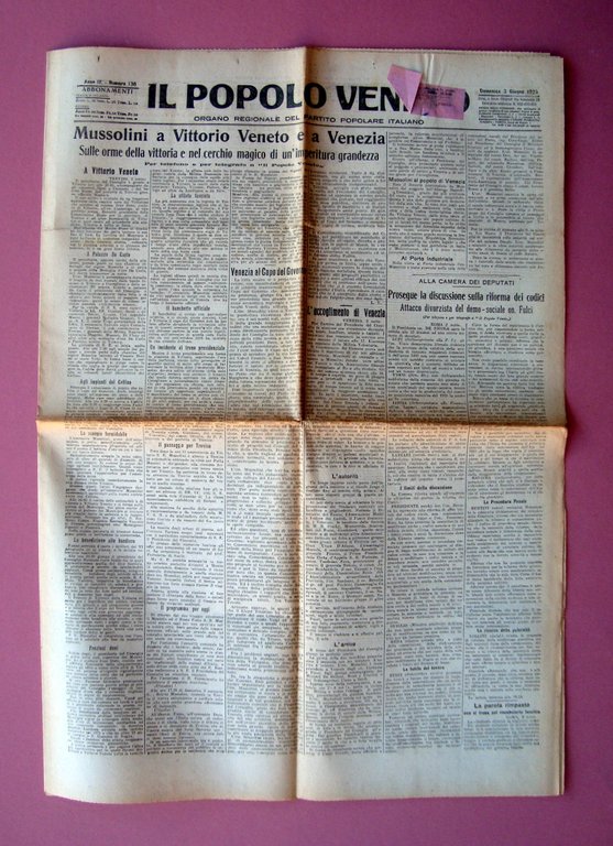 Mussolini a Vittorio Veneto in prima Il Popolo Veneto 3 giugno 1925
