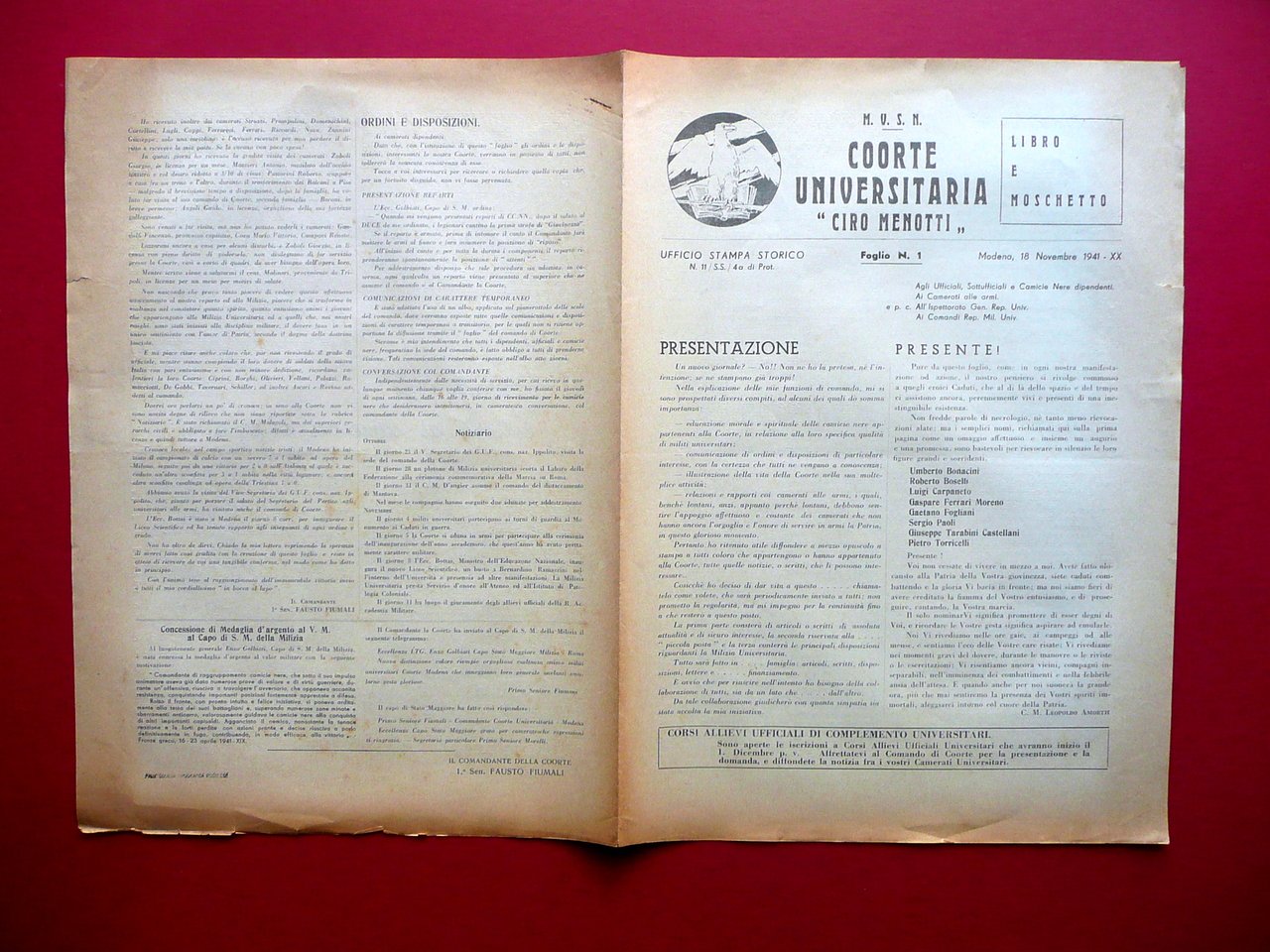 MVSN Coorte Universitaria Ciro Menotti Foglio Numero 1 Modena 18/11/1941 …