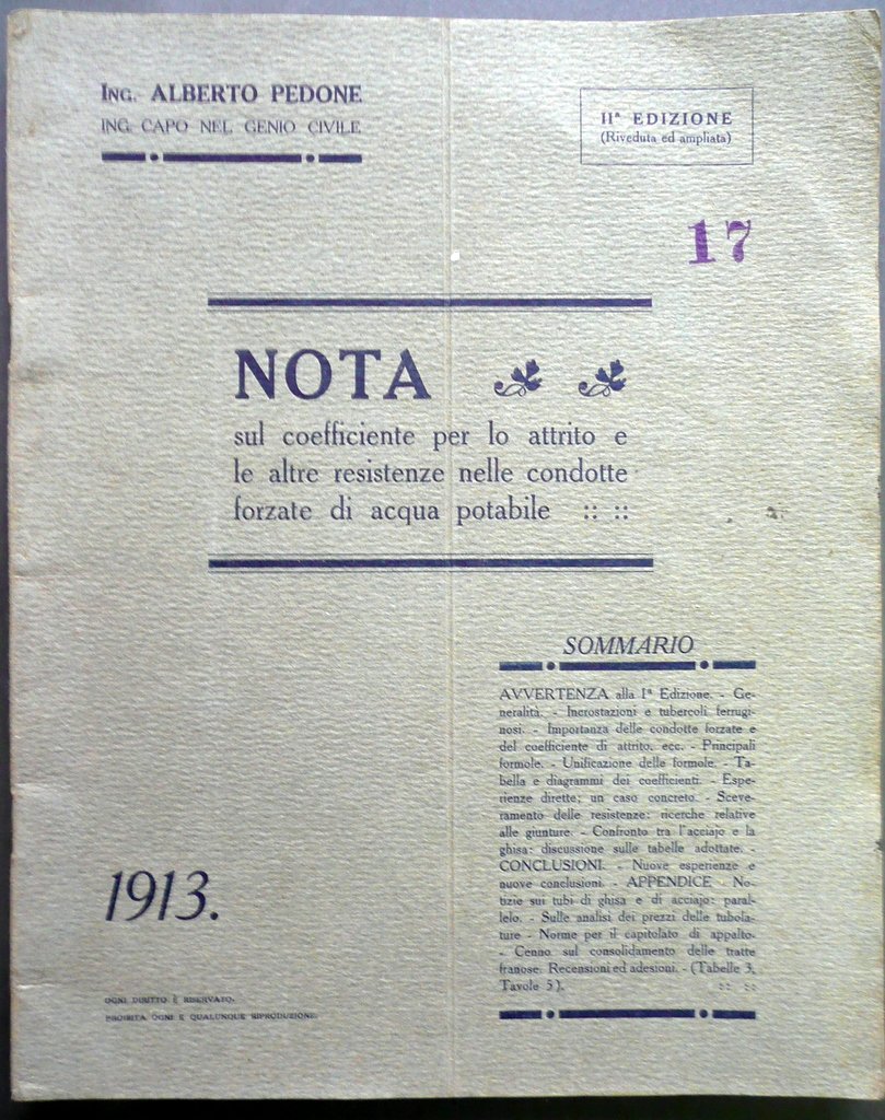Nota Coefficiente Attrito Altre Resistenze Condotte Acqua Potabile Pedone 1913