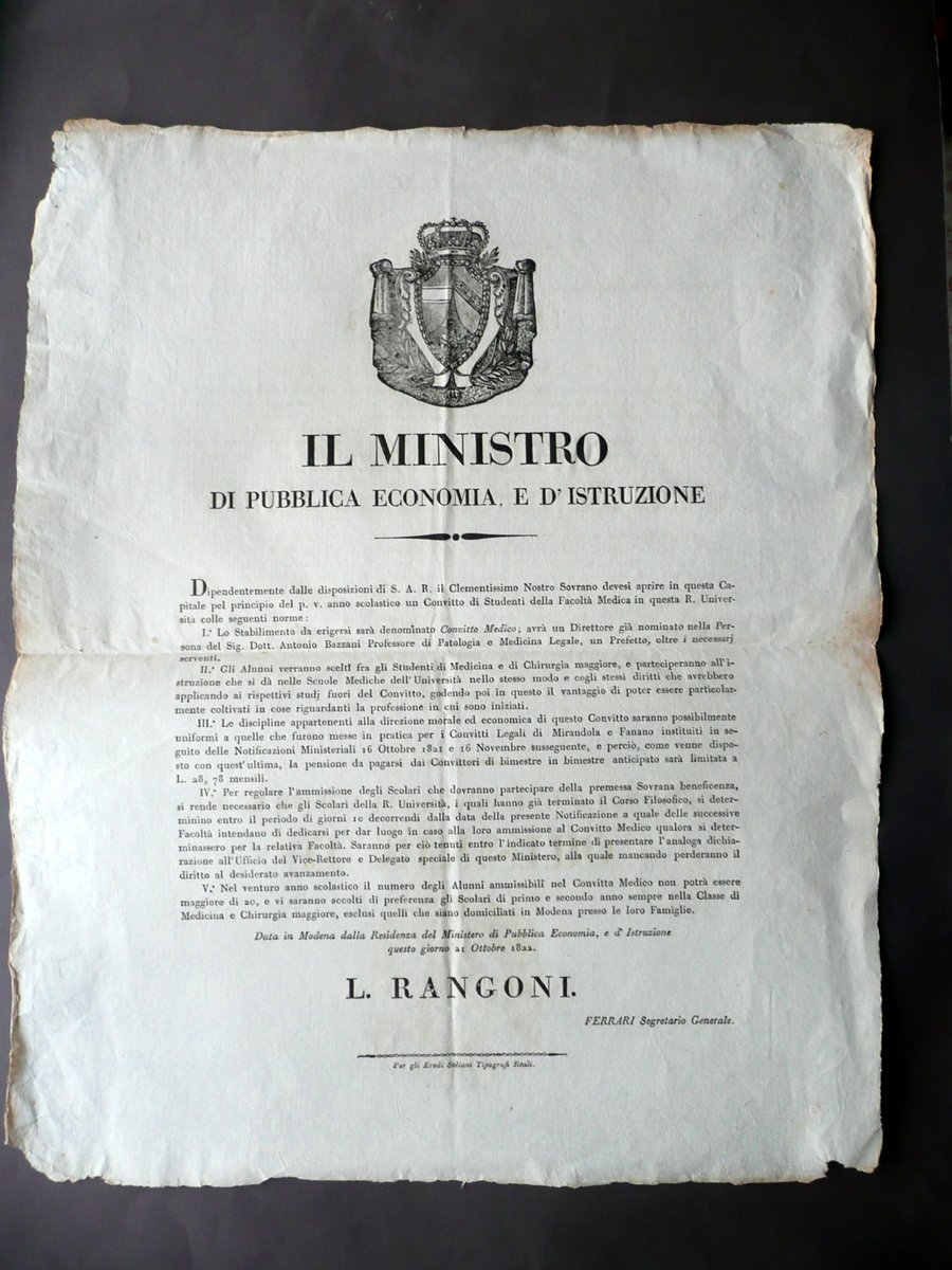 Notificazione Apertura Convitto Studenti Medicina Chirurgia Bazzani Modena 1822