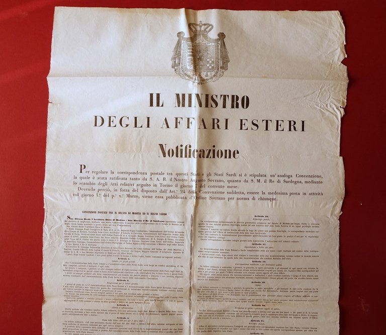 Notificazione Corrispondenza Postale Stati Estensi Regno di Sardegna 1855