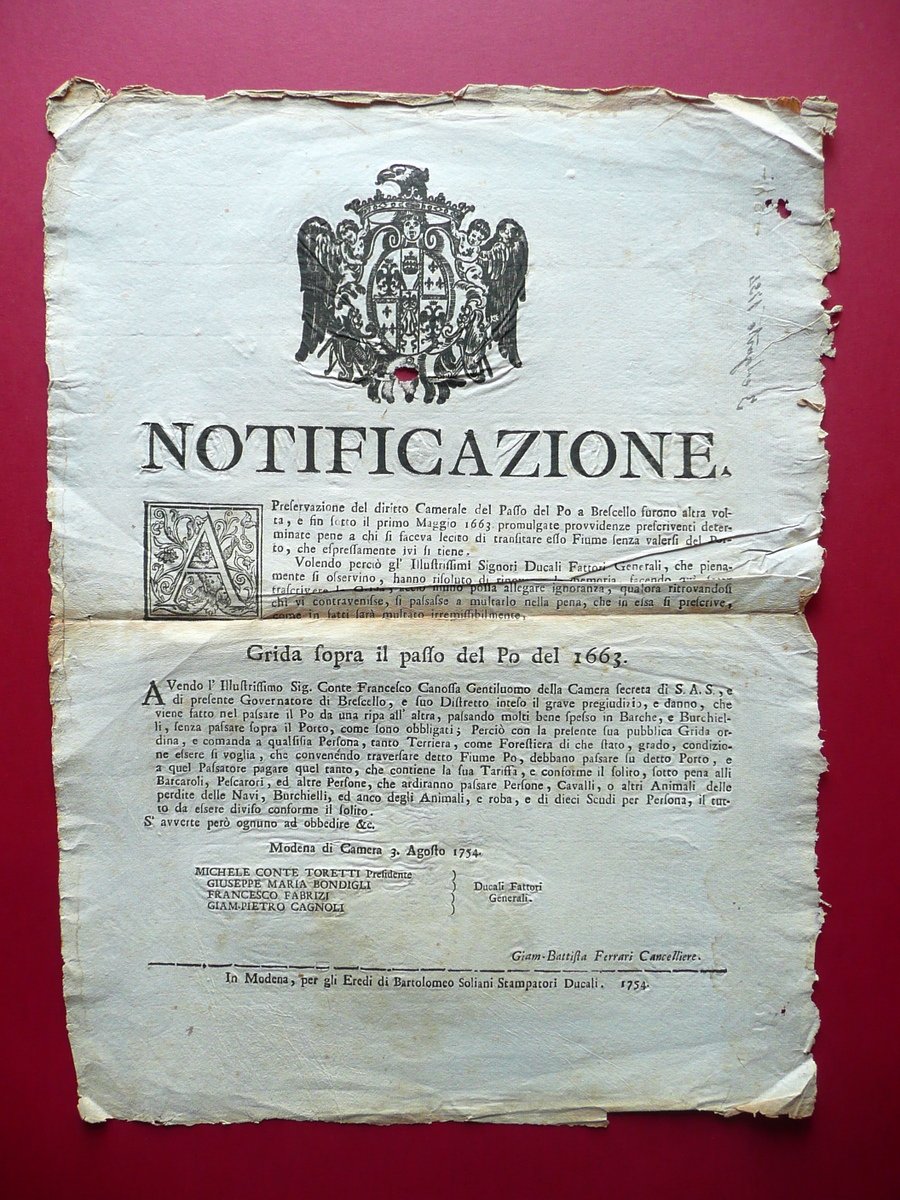 Notificazione Diritto Camerale Sopra il Passo del Po Brescello Tariffa …