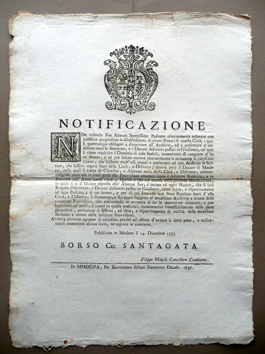 Notificazione Disobbedienza Notari Contraenti Denuncia Beni Modena Soliani 1737