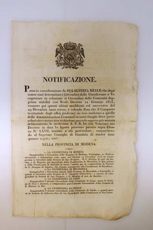 Notificazione Giusdicenze Vicereggenze Modena Reggio Mirandola Appennino 1816