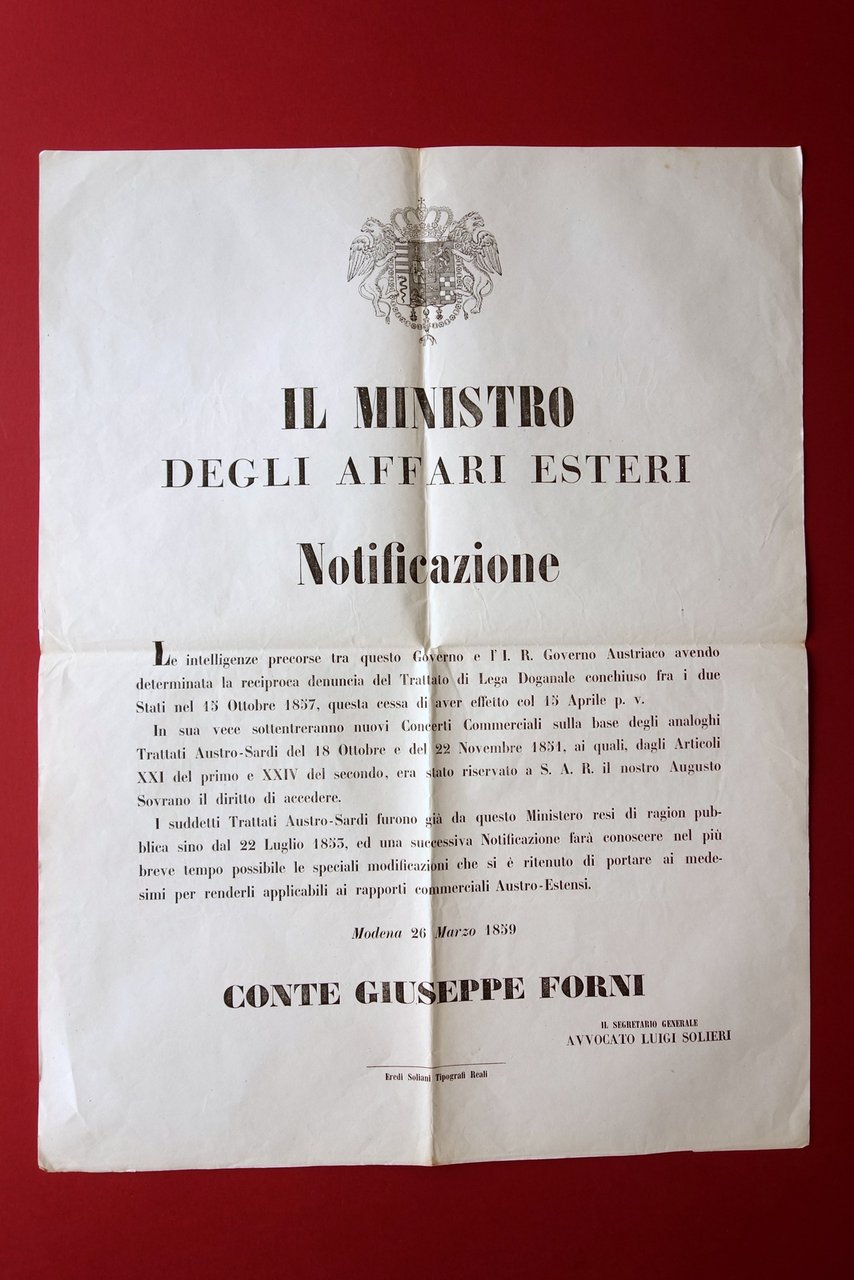 Notificazione Ministro Affari Esteri Lega Doganale Austro Estense Modena 1859