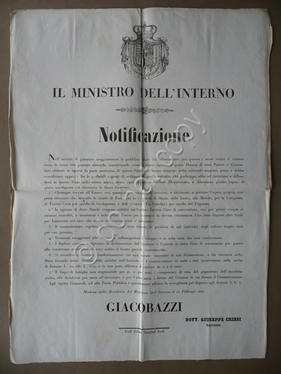 Notificazione Modena Pastori Giornalieri Strade Ingresso Lazzaretti Soliani 1856