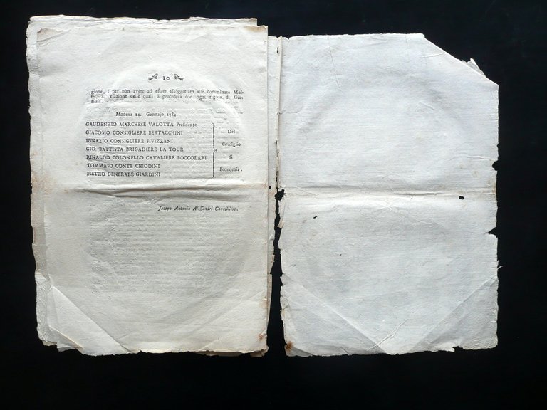 Notificazione Pavaglione Mercato dei Follicelli Filatura Seta Modena 1784