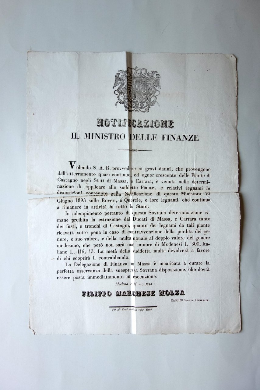 Notificazione Stati Estensi Norme Abbattimento Castegno Massa e Carrara 1844