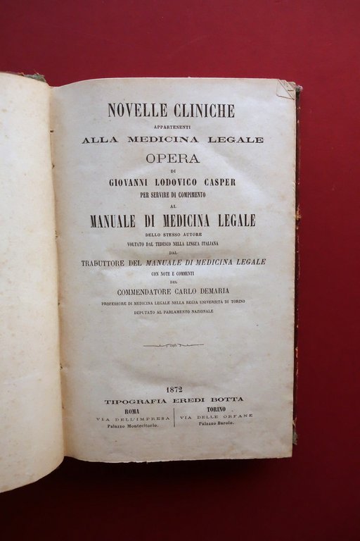 Novelle Cliniche appartenenti alla Medicina Legale Casper Tip. Botta 1872 Raro