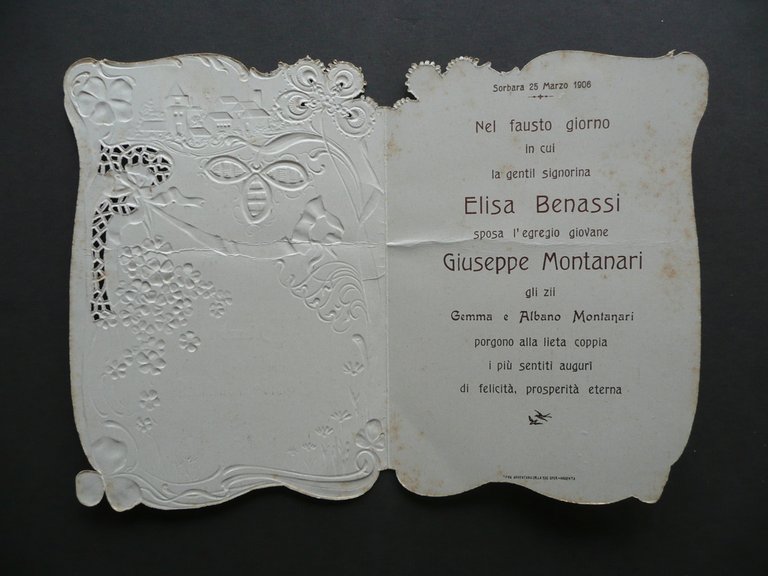Nozze Elisa Benassi Giuseppe Montanari Sorbara Modena 1906 Biglietto d'Auguri