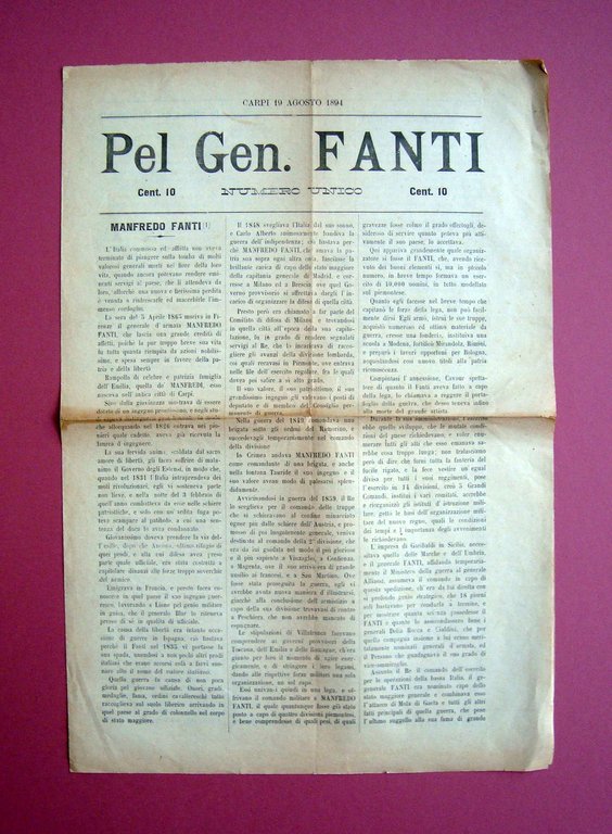 Numero Unico Pel Gen. Fanti Carpi 19 Agosto 1894