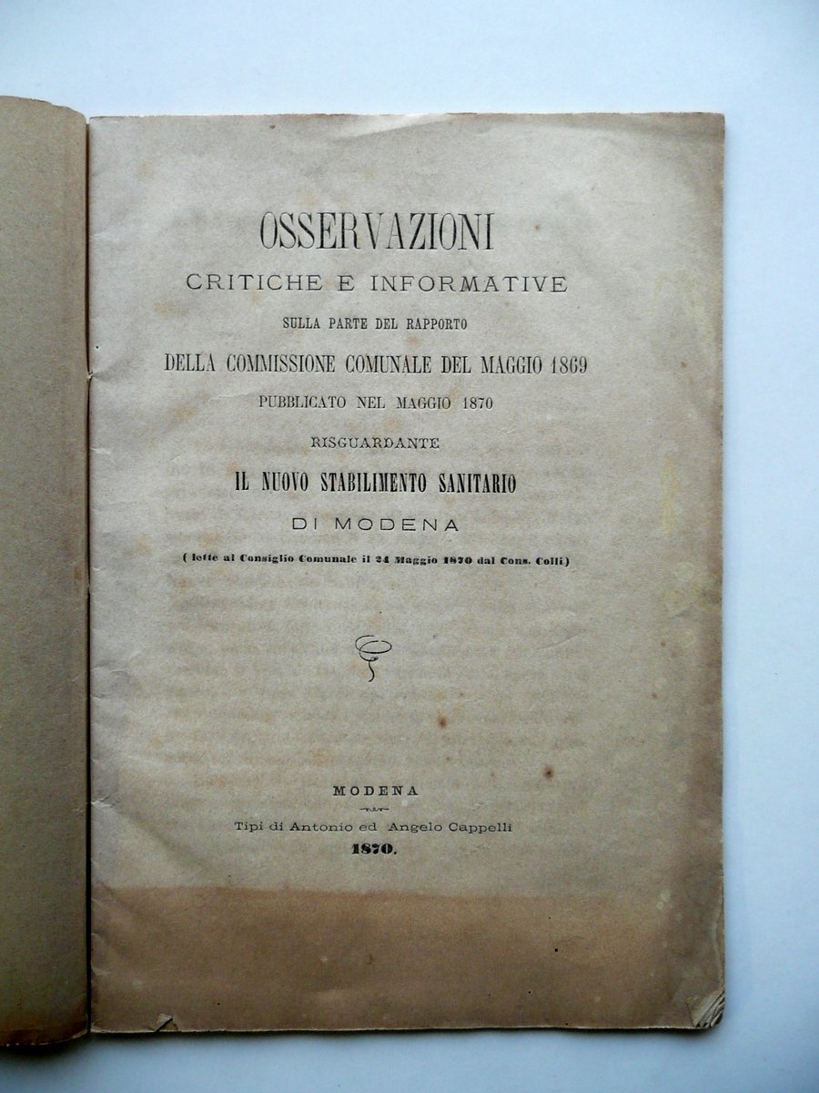 Osservazioni Critiche e Informative Nuovo Stabilimento Sanitario Modena 1870