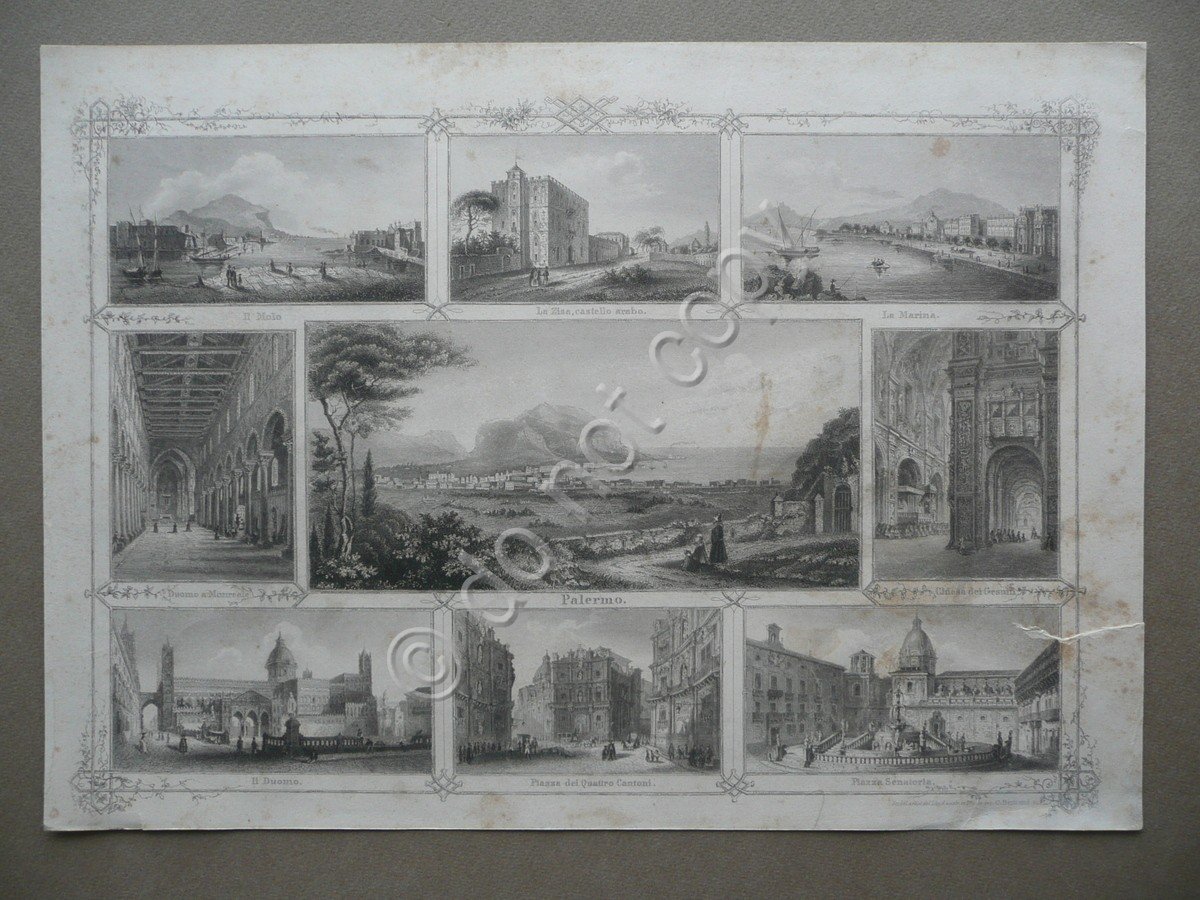 Palermo Vedute Multiple Incisioni Bertrand Lloyd Austriaco Trieste Met‡ '800