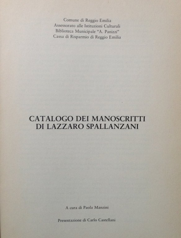 Paola Manzini Catalogo di Manoscritti di Lazzaro Spallanzani Reggio Emilia …