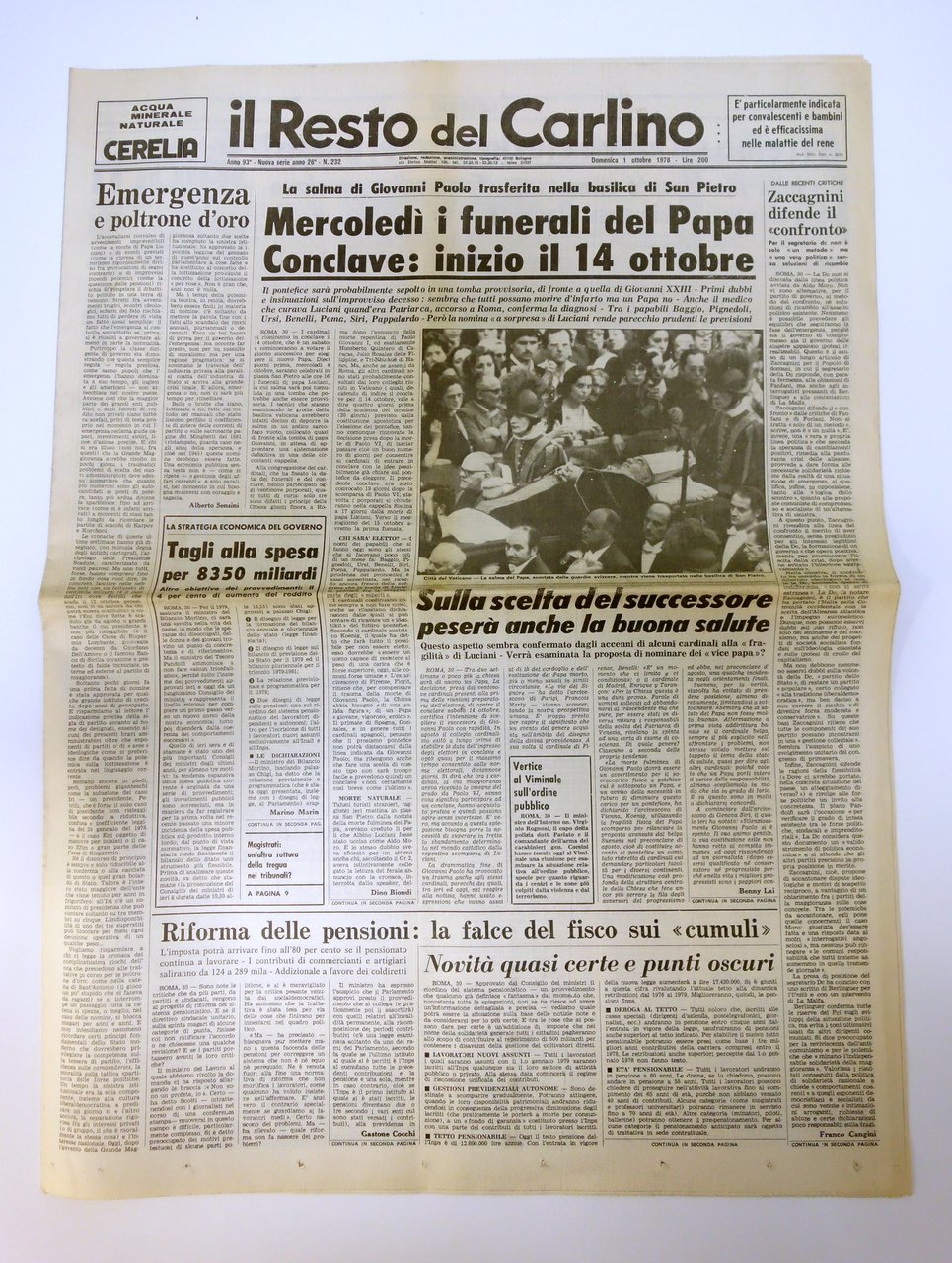 PAPA LUCIANI GIOVANNI PAOLO MORTE FUNERALI IL RESTO DEL CARLINO …