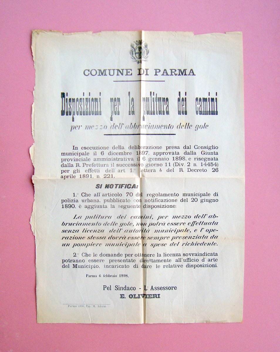 Parma 1898 Manifesto Comune Disposizioni pulizia camini presenziata da pompiere