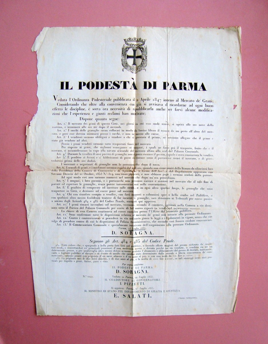Parma 23 luglio 1855 Manifesto Regolamento mercato dei Grani Disposizioni …