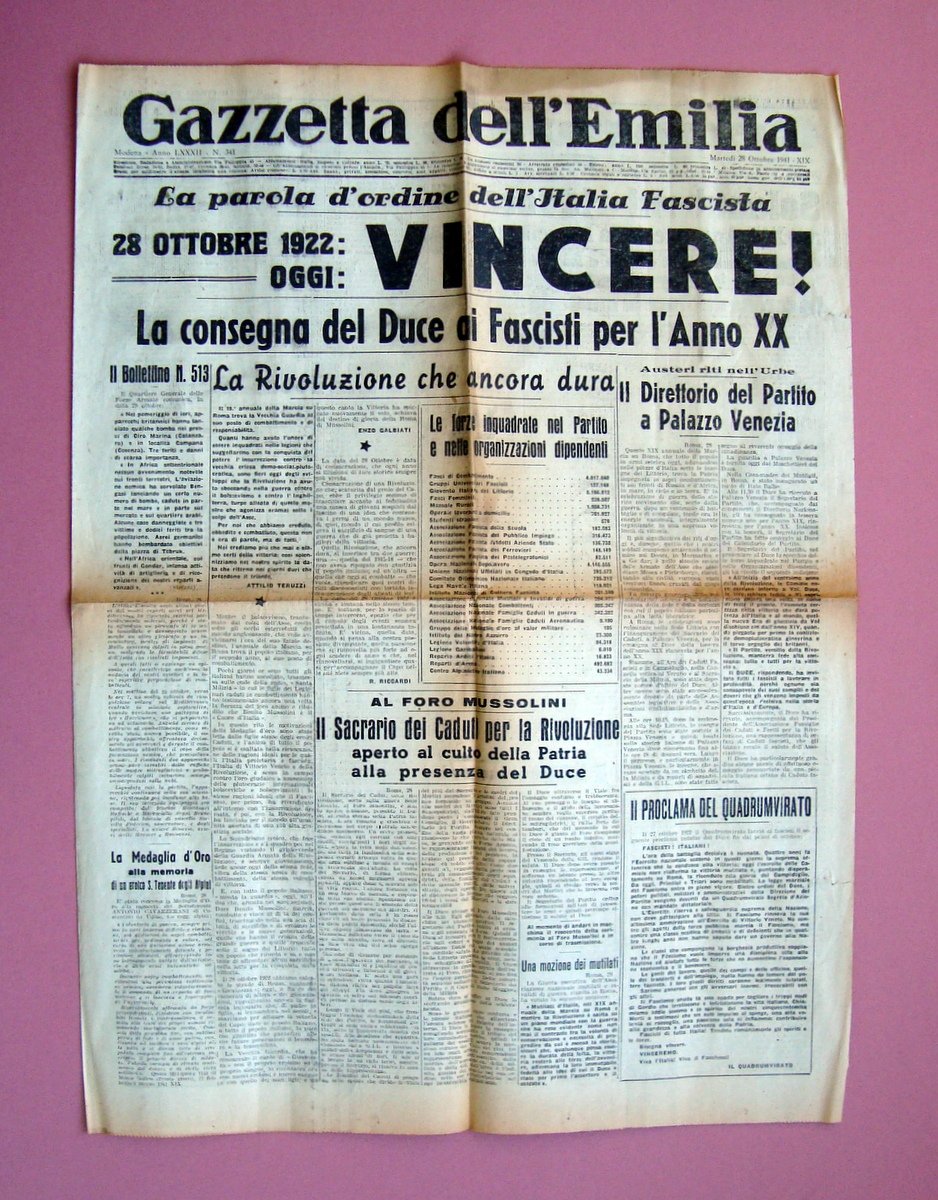 Parola d'ordine Italia Fascista Vincere 28/10/1941 Gazzetta dell'Emilia