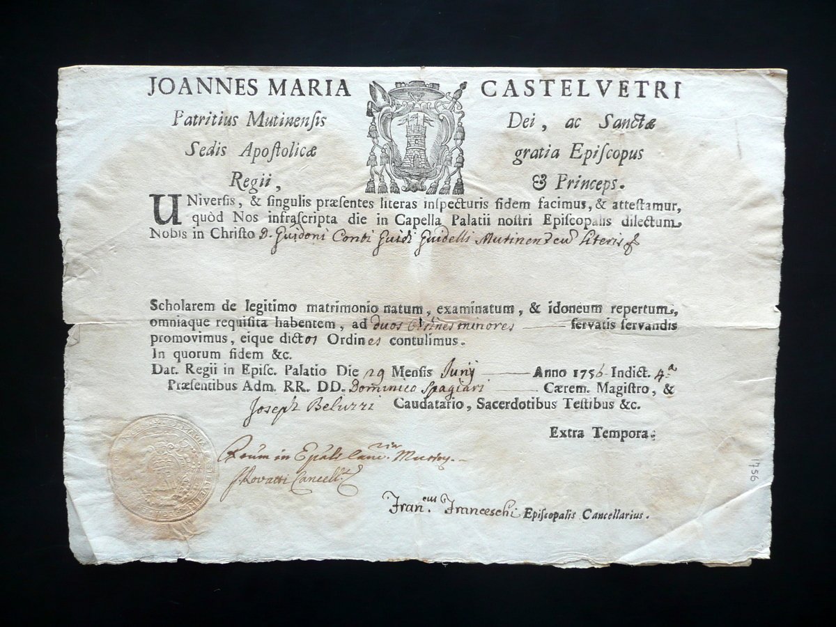 Patente Giovanni Maria Castelvetro Vescovo Ordines Minores Modena 1756 Sigillo