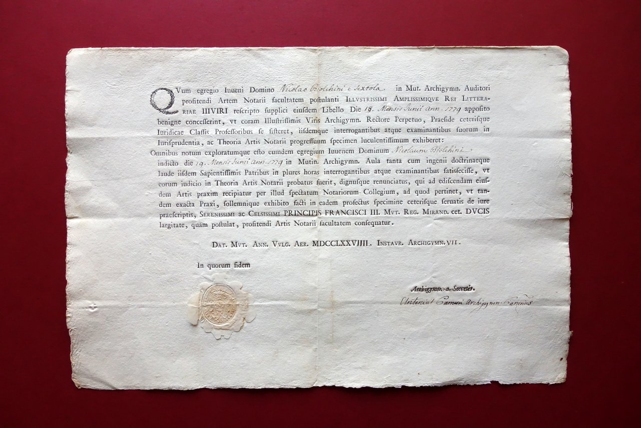 Patente Notarile Artis Notarii Giurisprudenza N. Biolchini Sestola Modena 1779