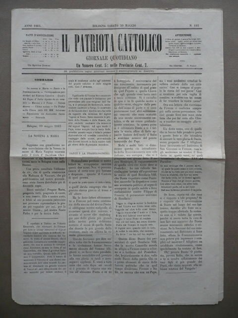 Patriota Cattolico Bologna Giornale 1865 Maggio Contro Risorgimento Completo