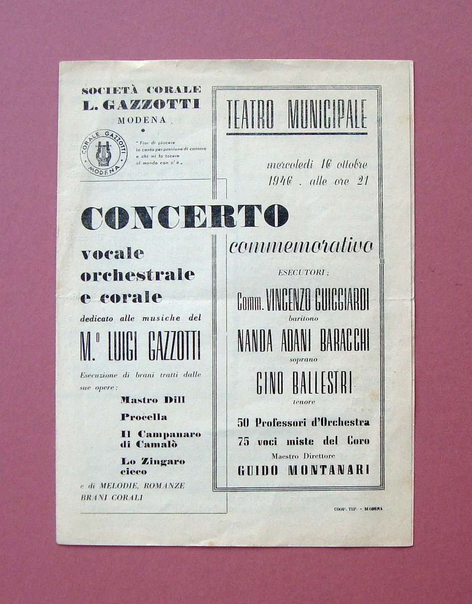 Pieghevole di sala Concerto M.Luigi Gazzotti 16/10/1946 Modena Teatro Municipale | Immagine principale
