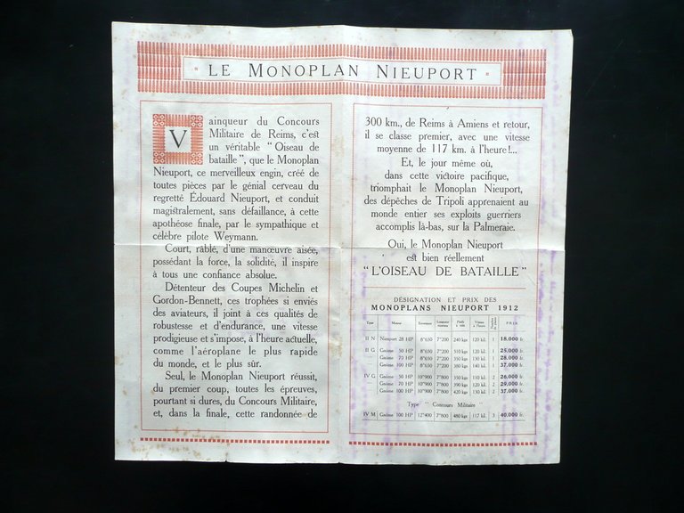 Pieghevole L'Oiseau de Bataille 1912 Nieuport Suresnes Aviazione Militare