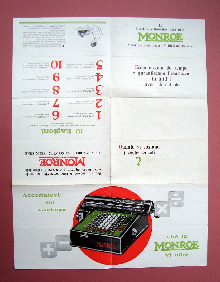 Pieghevole Manifesto calcolatrici Monroe Torino anni '20