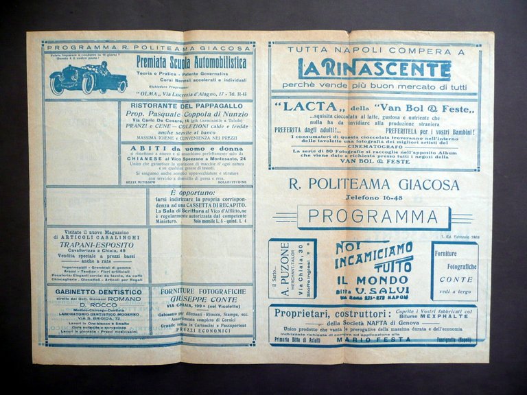 Pieghevole Politeama Giacosa Napoli 1928 La Figlia di Iorio D'Annunzio …