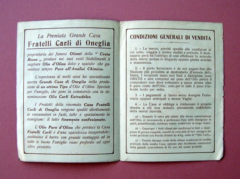 Pieghevole Pubblicitario Olio d'olica Fratelli Carli 1920 Oneglia