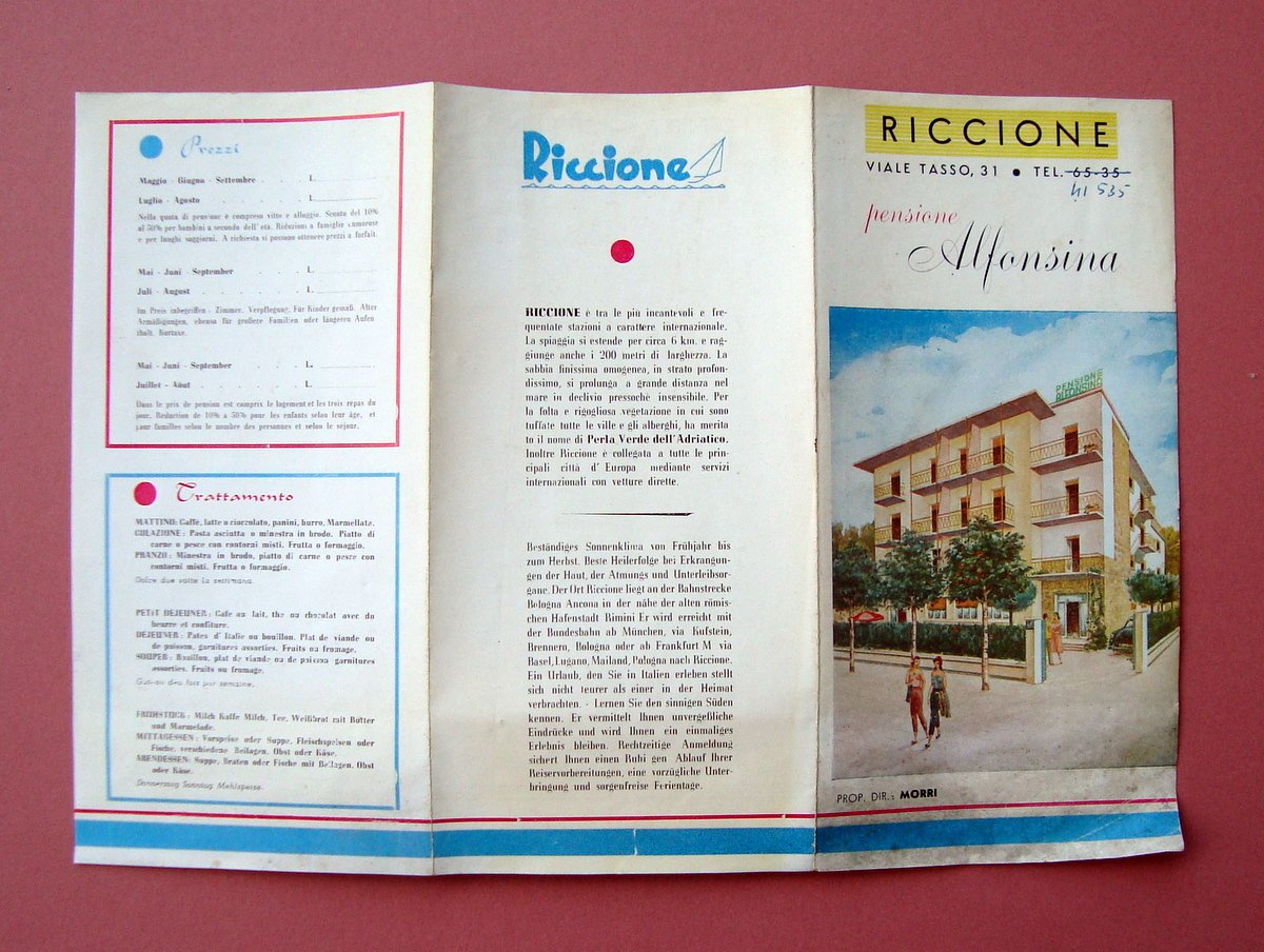 Pieghevole turistico Riccione Pensione Alfonsina anni '50 Riviera Adriatica