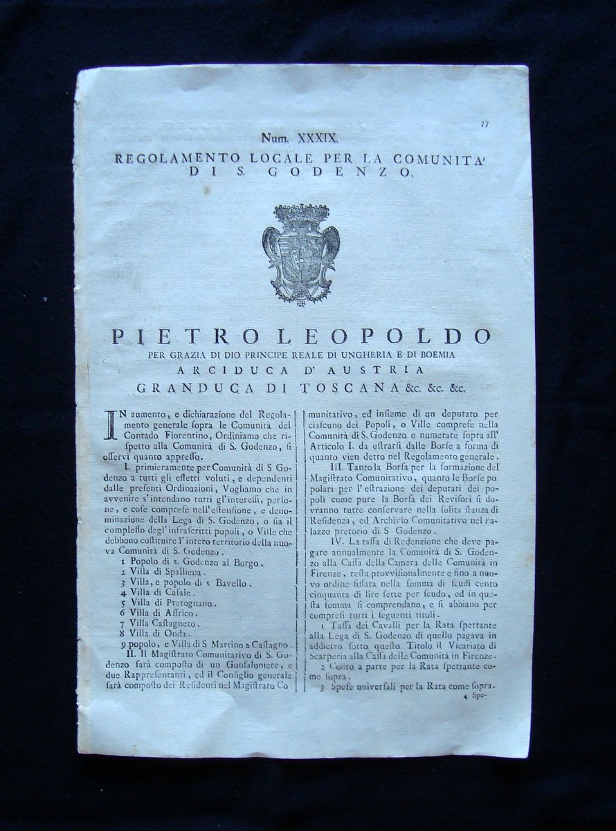 Pietro Leopoldo Num XXXIX Regolamento Comunit‡ S Godenzo 1774
