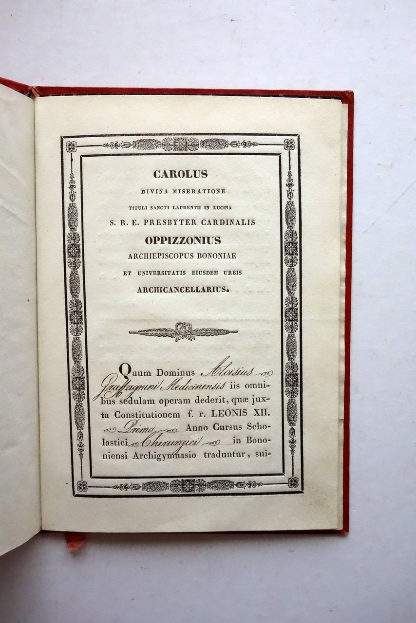 Plaquette Laurea in Chirurgia A. Graffagnini Firma Autografo Opizzoni 1843