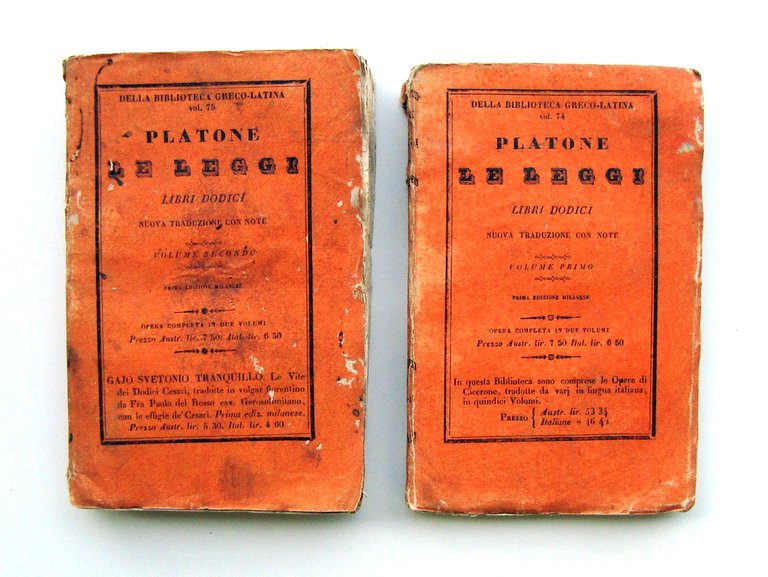 Platone Le Leggi 1852 Silvestri Milano Biblioteca Greco-Latina 2 vol completo