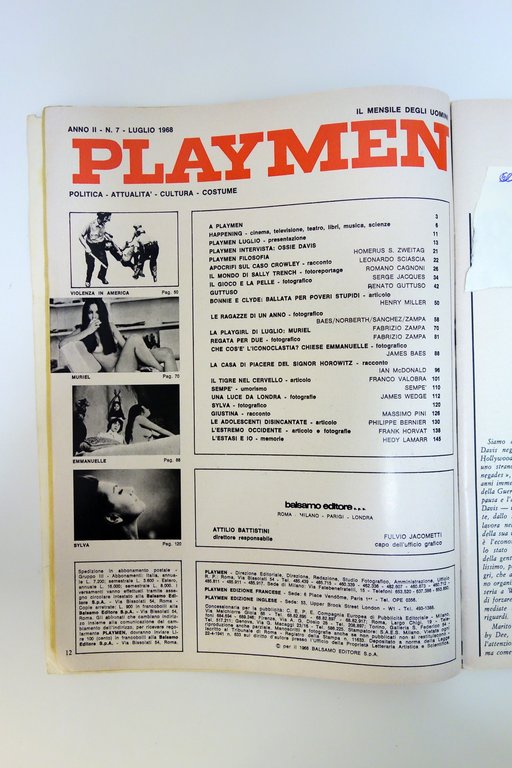 Playmen Anno II N. 7 Luglio 1968 Sciascia Guttuso Miller …