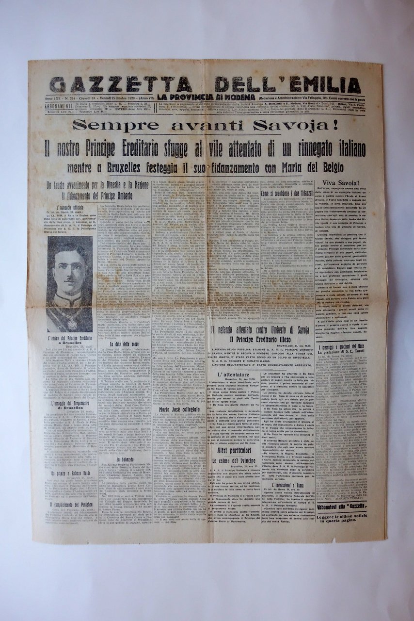Principe Ereditario sfugge ad Attentato Gazzetta dell'Emilia Modena 25/10/1929 | Immagine principale