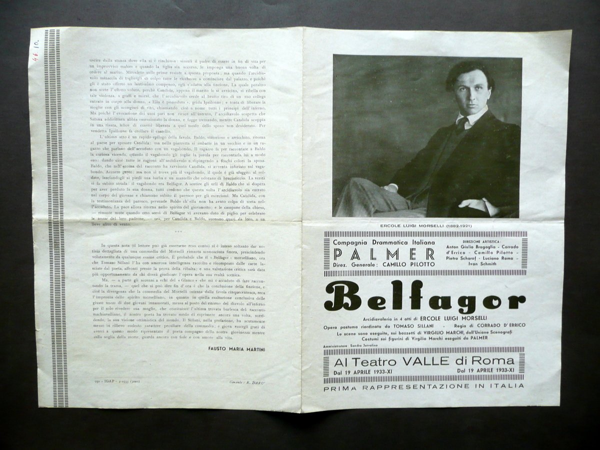 Programma Compagnia Drammatica Palmer Belfagor Morselli Marchi Teatro Valle 1933
