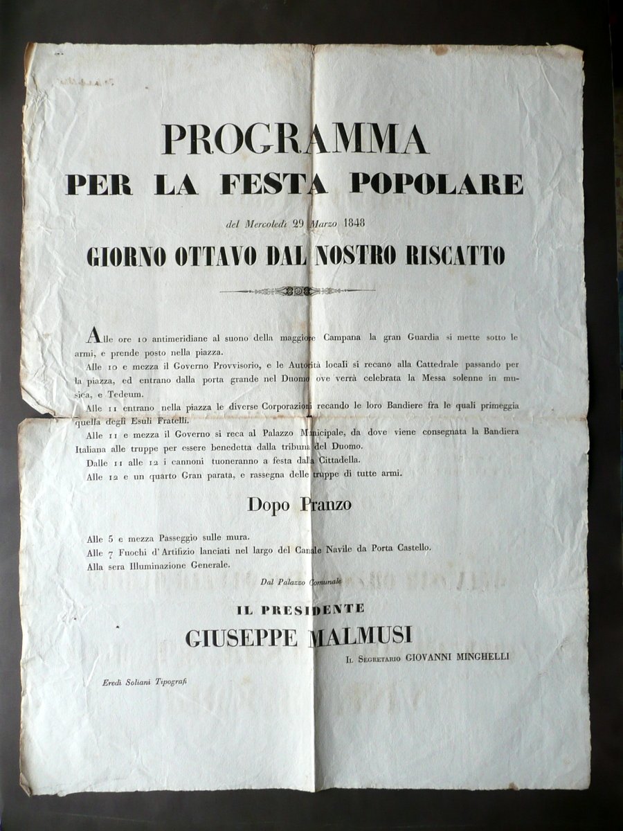 Programma Festa Popolare Modena 29 Marzo 1848 Soliani Storia Risorgimento | Immagine principale