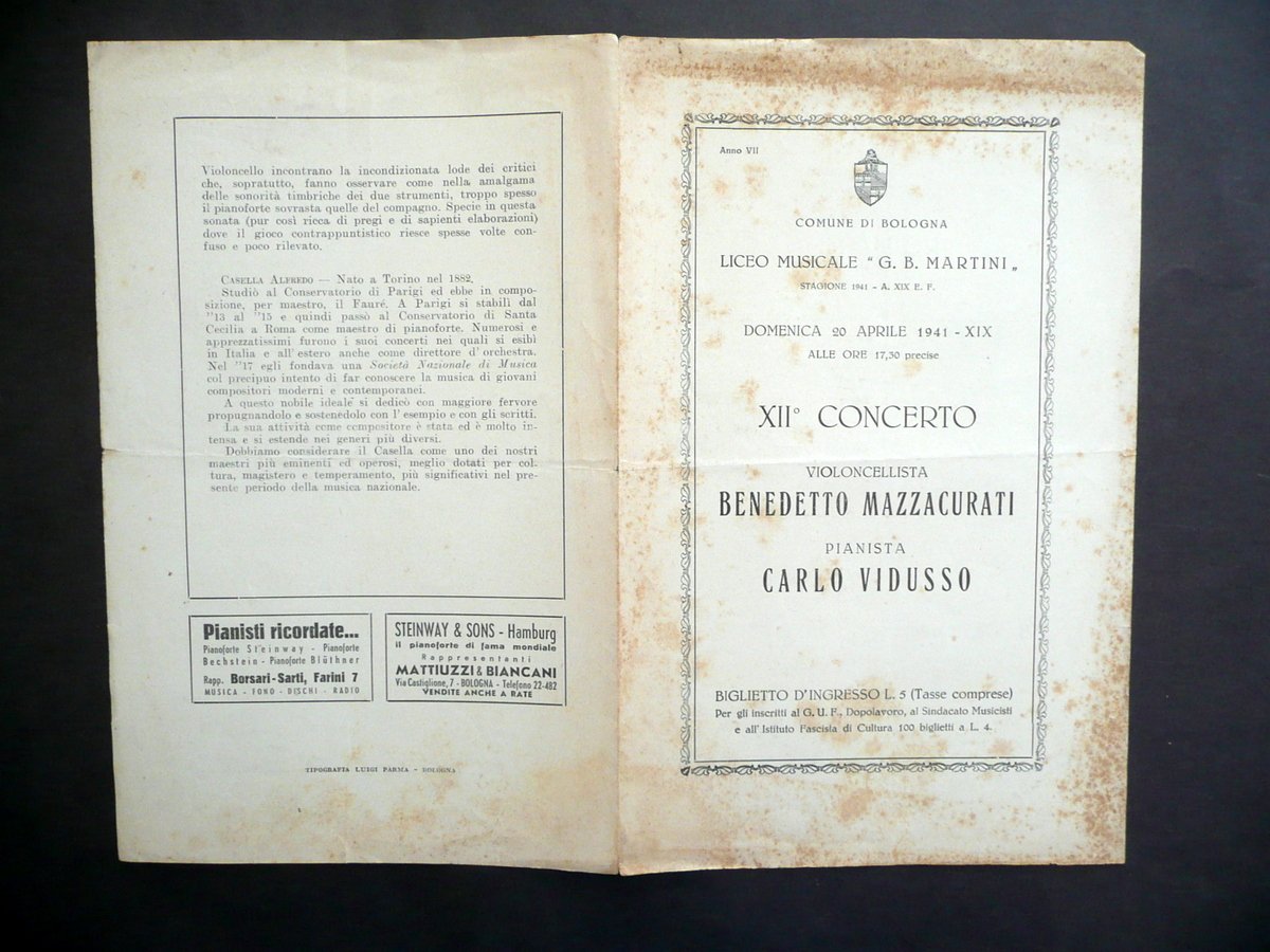 Programma Liceo Musicale Martini Bologna Concerto Mazzacurati Vidusso 1941