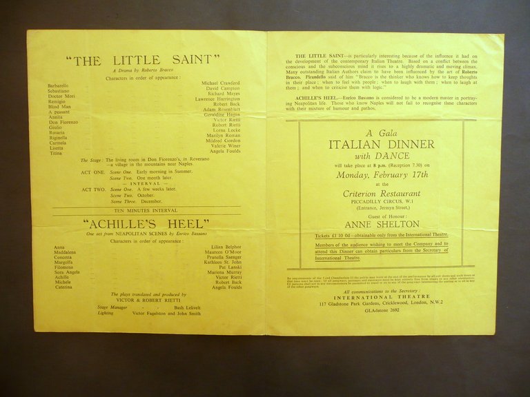 Programma Rudolf Steiner Theatre London The Little Saint Bracco 1958 …