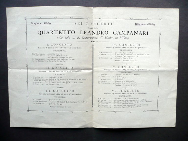 Programma Sei Concerti Quartetto Leandro Campanari Milano 1888-89 Ricordi Musica