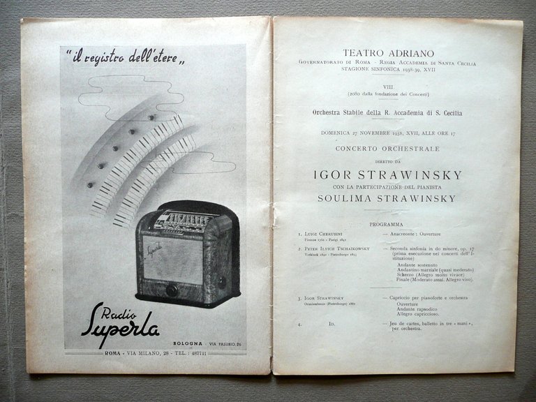Programma Teatro Adriano Roma Concerto Igor Soulima Strawinsky Pianoforte 1938