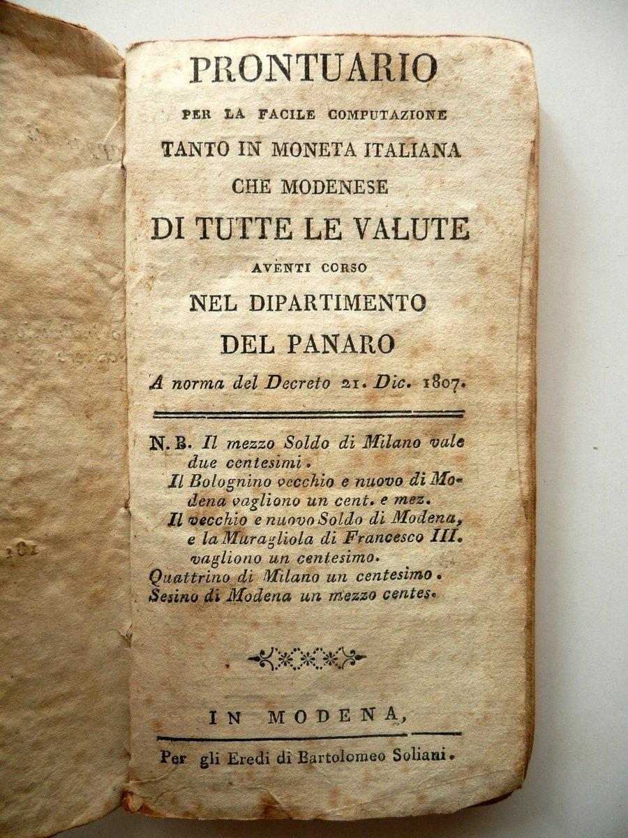 Prontuario Computazione Tutte le Valute Dipartimento del Panaro Modena 1807